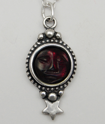 Sterling Silver Unusual Carved Garnet Moonface Necklace